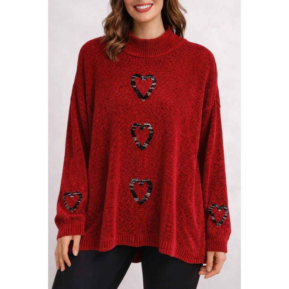 525 AMERICA Red Chenille Womens Sweater Hearts Cozy Relaxed Fit M/L Pullover USA